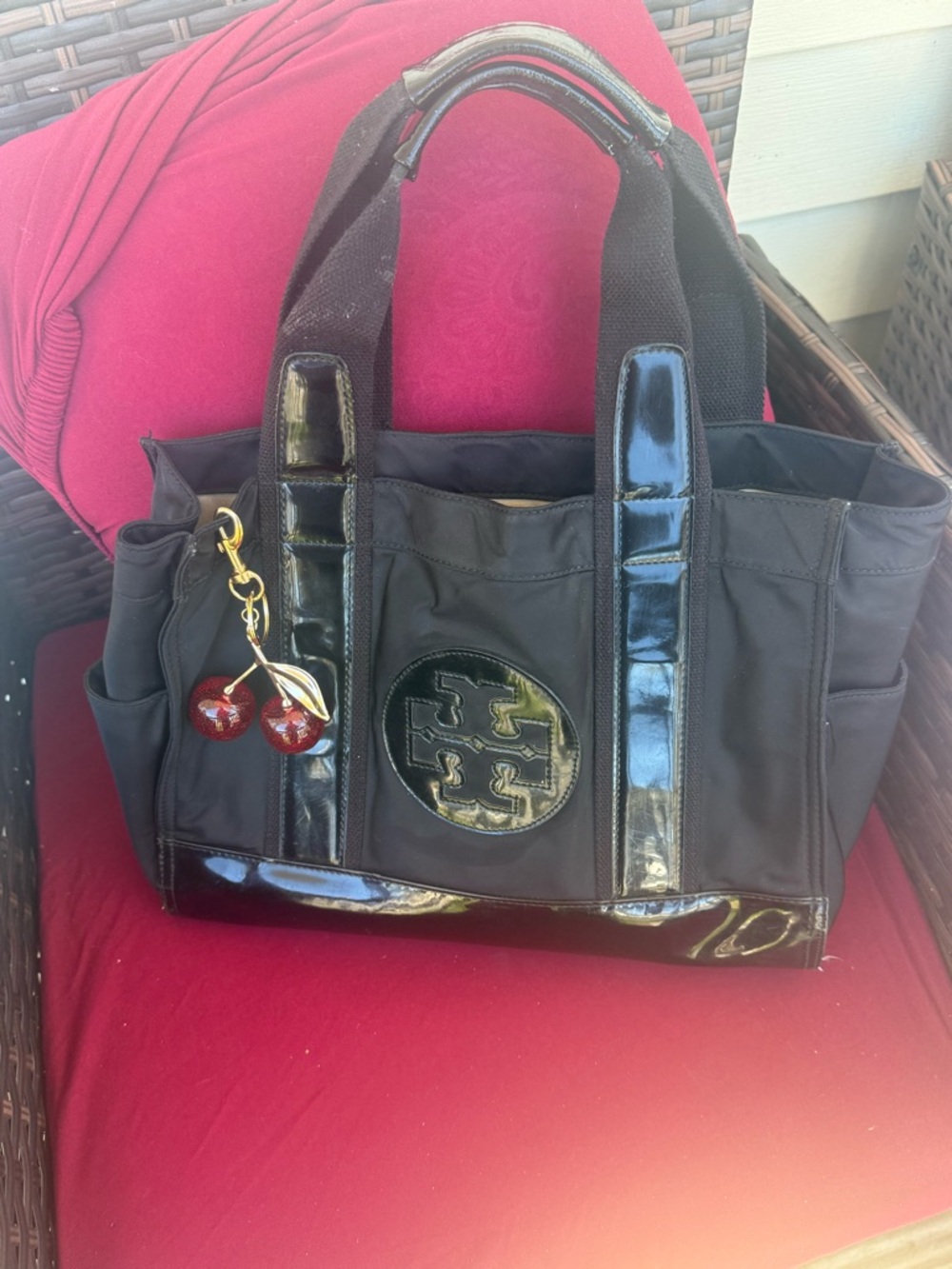 Tory Burch Black Nylon Tote with Patent Trim and Cherry Charm